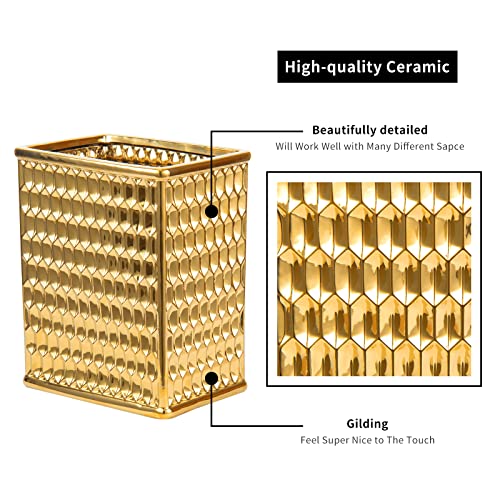 Ceramic Gold Square Trash can Waste Basket, Decorative Garbage Can for Bathroom, Bedroom, Home Office, Kitchen, Dorm, College (1.5 Gallon, Small, Open Top)