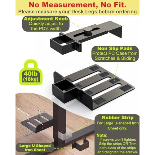 Under Desk PC Mount - No Drilling 40 lb Capacity, CPU Holder Under Desk, Adjustable Height and Width, Clamp-on Desk Leg PC Mount for Standing Desks (Fits 80mm¡¿50mm Legs), with Non-Slip Pads, Black