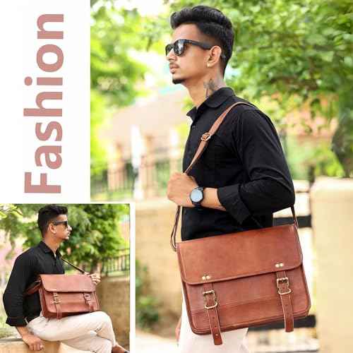 Small Brown Genuine Leather Messenger Bag Crossbody Satchel, Perfect for iPad & Small Laptop, Vintage Distressed Shoulder Bag (14 INCH)