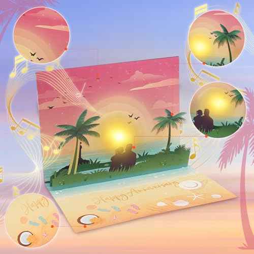 Anniversary Pop up Cards, Musical Anniversary Card with Sunset on the Beach View, Beach Vacation Invitation Card for Women Men Couple Wife Husband