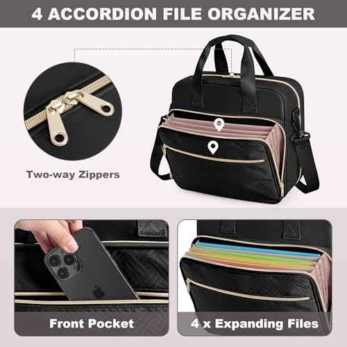 3 Ring Zipper Binder 2 Inch, Accordion File Organizer with Shoulder Strap, Zip Up Binder with 500-Sheet Capacity, Black