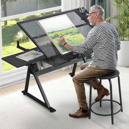 Black Drafting Table w/Stool, Painting Table Art Craft Desk Crafting Table with Tilting Tempered Glass Top, 2 Storage Drawers, Height Adjustable