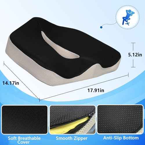 Seat Cushion for Office Chair & Car, Memory Foam Coccyx Cushion for Tailbone Pain Relief, Ergonomic Chair Pad with Non-Slip Cover & Handle, Sciatica Cushion for Office, Gaming Chair, Wheelchair