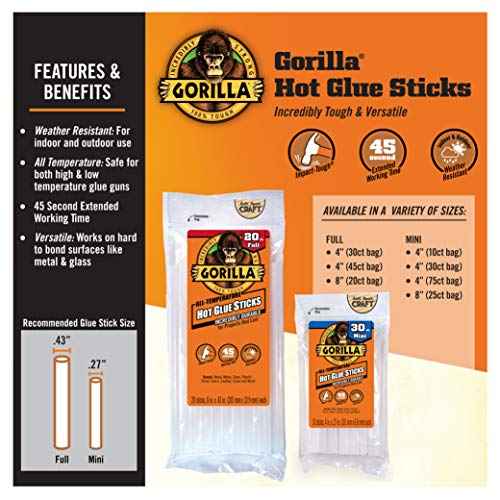 Gorilla Hot Glue Sticks, Clear Glue, Full Size 8" Long x 0.43" Diameter, 20 Count (Pack of 1) - Safe for All Temperatures with Extended Working Time