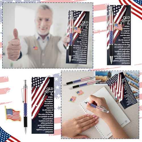 60 Set Veterans Day Gift Bulk American Flag Ballpoint Pens USA Flag Lapel Pins Patriotic Bookmarks Patriotic Souvenirs for Remembrance Day Party Military Supplies