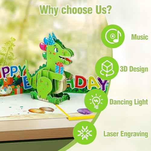 FaCraft Dinosaur Musical Birthday Cards for Kids - Music and Lights 3D T-Rex Handmade Pop Up Birthday Cards with Envelope, Blank Insert, Bday Gift for Boys Girls Son Daughter Grandson Toddler Nephew