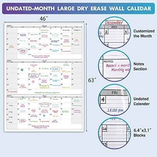 Dry Erase Vertical Three Month Laminated jumbo Wall Calendar, 46 x 63, Huge quarterly Laminated Erasable White Board, Giant 90 day Family Whiteboard Schedule Planner, Large Multi Month Reusable