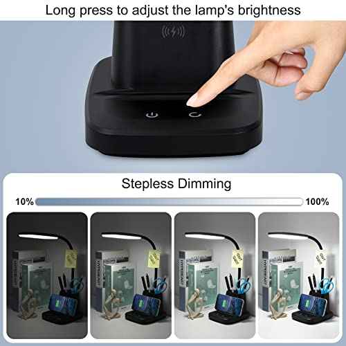 Sailstar Desk Lamp, LED Desk Lamps for Home Office, Wireless Charger Small Desk Lamp with Pen Holder, 3 Color Modes, Dimmable, CRI 85, 800LM, Study Lamps for College Dorm Room, Adapter Included, Black