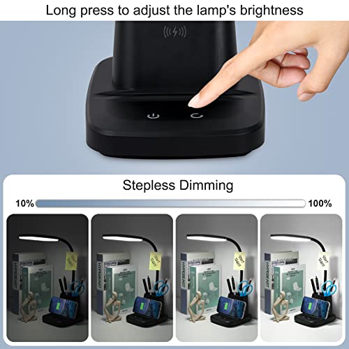 Sailstar Black LED Desk Lamp with 10W Wireless Charger & Pen Holder - Adjustable Dimmable Light