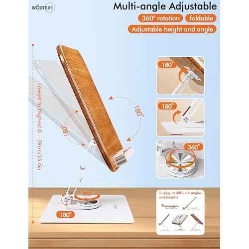 Book Stand for Reading,Adjustable Book Holder with 360¡Æ Swivel Base,Book Stand for Desk,Rubber Wood,Large Panel,Elastic Clips,Sturdy,for textbooks,Sheet Music,Recipes,Tablets,laptops