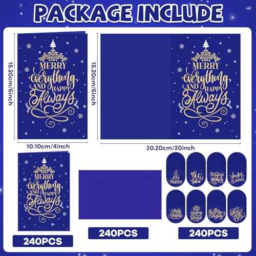 240 Sets Christmas Cards Bulk with Envelopes and Stickers Blue Holiday Greeting Cards Assortment 8 Designs of Merry Christmas Festive Note Cards Set Blank Inside Christmas Theme Xmas Cards