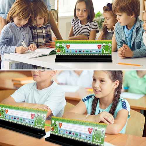 Teling 12 Pieces Name Plates Holder for Desk Self Adhesive and Removable Nameplate Stand with Pen Holder Black Plastic Name Tag Display with Adhesive Grip for Classroom School,1.5 x 12 x 1 Inch