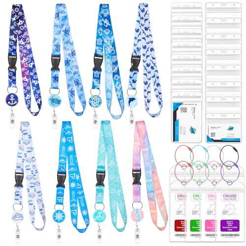 8 Pack Cruise Lanyards Set for Ship Cards, with Retractable Badge Reel Waterproof Luggage Tag Holders Id Card Holders, Sea-Themes Pattern for All Cruises Ticket Key Cards Luggage Tag