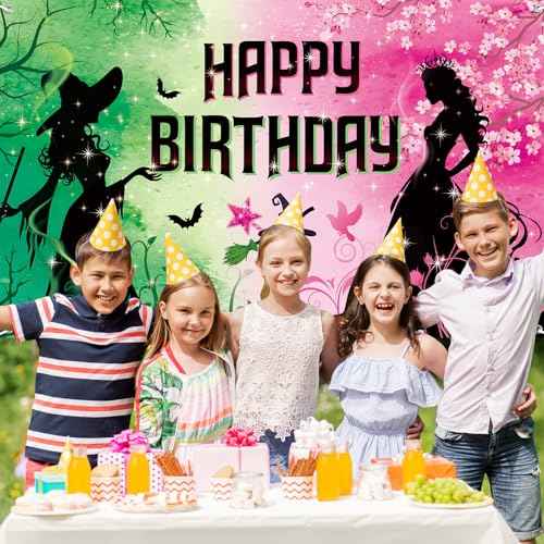 Pink and Green Birthday Backdrop Party Decorations, Witch Themed Happy Birthday Backdrop Banner Photo Booth for Princess Girls Women Castle Party Supplies Decorations