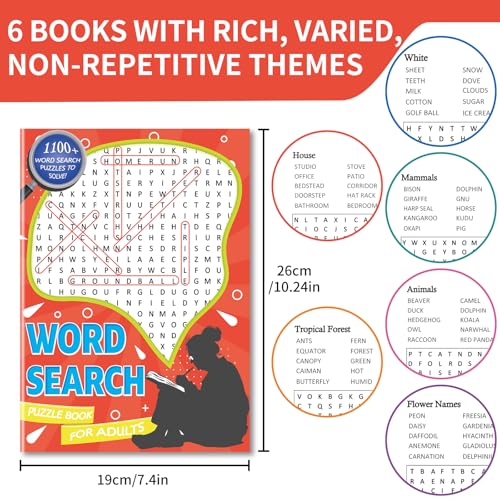 Kalysky 6 Pack Large Print Word Search Puzzle Books - Eye-Friendly, Large Font, 330 Themes for Brain Health