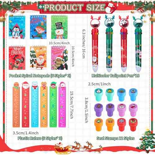 Zhanmai 84 Pcs Christmas Stationery Party Favor Bulk 16.5 x 13.8" Christmas Drawstring Backpack Multicolor Ballpoint Pen Ruler Stamp Notebook for Christmas Stationery Gift Classroom Prize for Kids