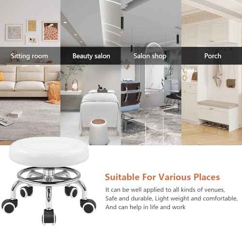 KKTONER Black Roller Seat PU Leather Rolling Stools with Wheels Nail Stool for Home Work Office Shop Step Stool (White)