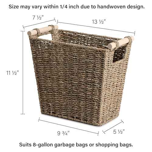 StorageWorks Seagrass Waste Basket for Living Room, Wicker Trash Can with Wooden Handles for Bedroom, Bathroom Trash Can, 12 Liter, 1 Pack