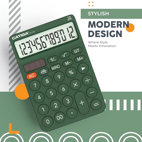 CATIGA Green 12 Digit Desktop Calculator with Large LCD & Big Buttons, Solar & Battery Power