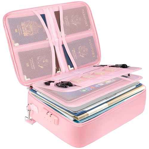BALEINE Fireproof Document Box with Lock, Portable Fireproof Document Bag Waterproof Fire Proof File Boxes for Documents, File Organizer Box for Important Paperwork (Pink, 15''x11''x4'')