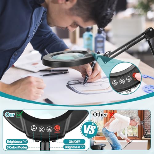 10X Magnifying Glass with Light and Stand, 2-in-1 Desk Lamp & Clamp Light, Seylae 5 Color Modes, Brightness Stepless Dimmable LED Lighted Magnifier Hands Free, Magnifier Lamp for Close Work, Reading