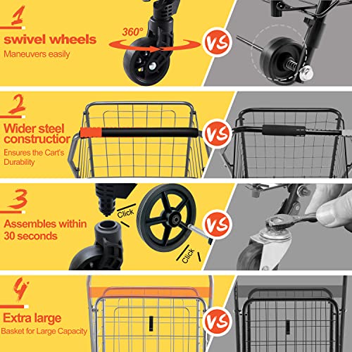 Wellmax WM99024S Grocery Utility Shopping Cart, Easily Collapsible and Portable to Save Space and Heavy Duty, Light Weight Trolley with Rolling Swivel Wheels