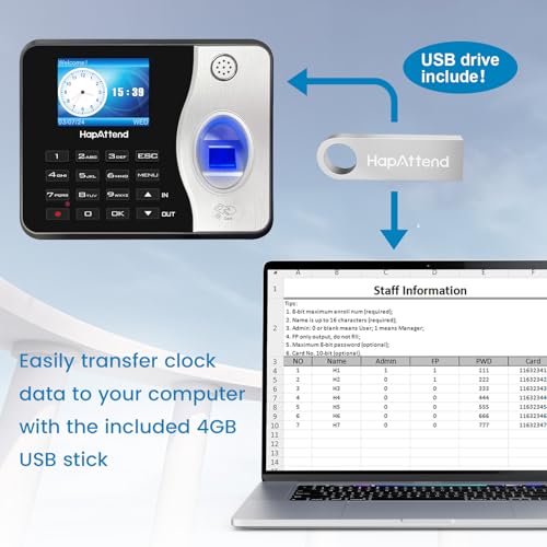 HapAttend Biometric Employee Time Clock with RFID, No WiFi, Auto Hours Calculation