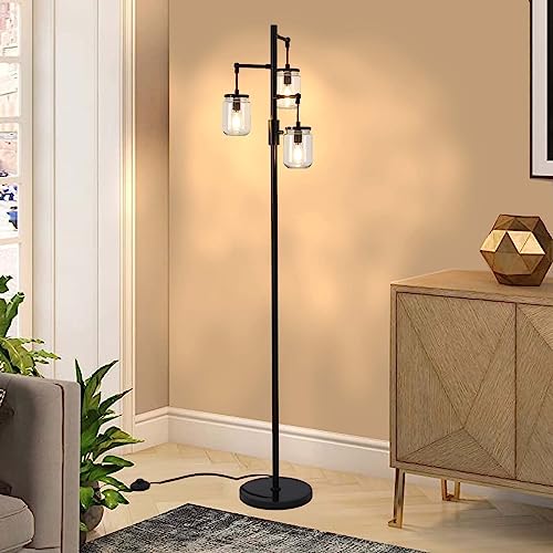 Dimmable Floor Lamp,Industrial Floor Lamp,Black Tree Lamp Standing Lamp Tall Lamps with 3 Elegant Glass Lampshades & 800 Lumens LED Bulbs for Living Room Bedroom Office (Black-A-Style)