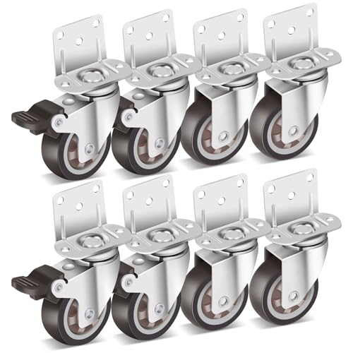 Nefish 2 Inch Side Mount Casters 8 Pack, L-Shaped TPR Rubber Caster Set of 8, Ball Bearing 360 Degree Plate Swivel Castors Wheel, Corner Castors Wheels for Furniture, Baby Bed, Kitchen, Cabinet, Table