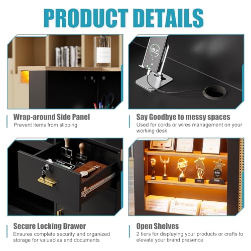 SDMY D-Black Reception Desk with LED Lights, Lockable Drawers & 63.6in Front Table