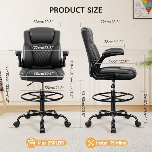 Brick Attic Black Drafting Chair for Standing Desks - Tall Ergonomic Office Chair with Flip-Up Armrest, Adjustable Height & Footrest, Pack of 1