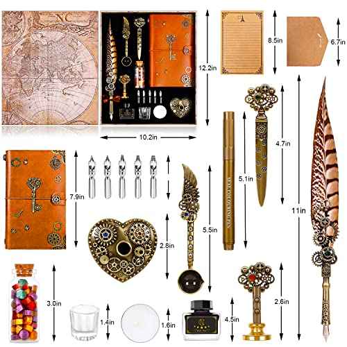 NC Feather Pen Ink Set, Includes Quill Pen, Notebook, 5 Replaceable Nibs, Stamp, Spoon, Wax Beads, White Wax, Ink, Pen Holder, Cup, Envelope, Letter Paper
