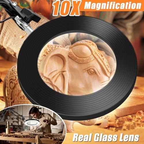 10X Magnifying Glass with Light and Stand, Dimmer Adjustable Swing Arm 2-in-1 Desk Lamp and Clamp, LED Lighted Desk Magnifier with Light for Craft Reading Repair Painting Close Work