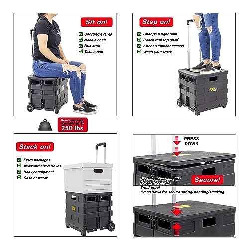dbest products Quik Cart Sport Collapsible Rolling Crate on Wheels for Teachers Tote Basket 80 lbs Capacity, Made from Heavy Duty Plastic Used as a Seat, Black, Compact