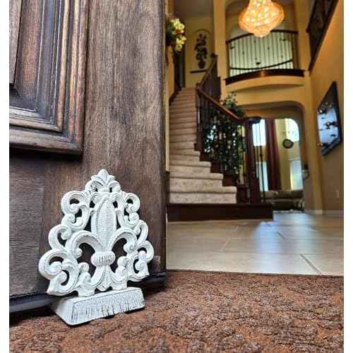 Lulu Decor, Cast Iron Fleur De Lis Door Stop, Door Stopper in Antique White Finish, Beautiful and Useful Product, Simply Insert Flat Base Underneath Your Door Space, Works Great