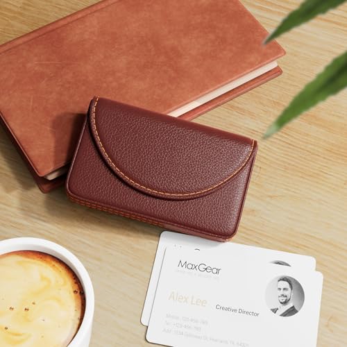 MaxGear Coffee Business Card Holder Case with Magnetic Closure - PU Leather, Durable & Compact