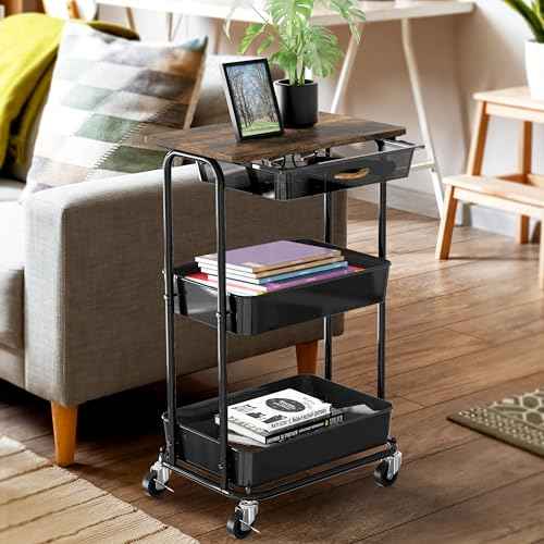 Simple Houseware 2-Tier Rolling Utility Cart with Top Board and Sliding Drawer, Rustic Brown