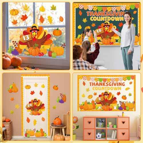 Thanksgiving Countdown Bulletin Board Decorations Fall Thanksgiving Turkey Paper Cutouts Autumn Maple Leaf Pumpkin Classroom Bulletin Board Set for Harvest Party School Chalkboard Wall Decor Supplies