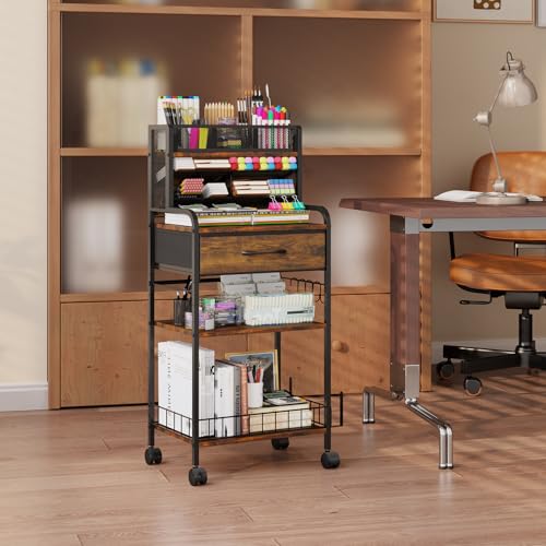 Art cart, 3 Tier Rolling Cart - Utility Cart with Storage Drawer and Wheels, Versatile Art & Craft Organizer for Home, Office, or Studio Ideal for Storing Brushes, Paints £¨Brown£©