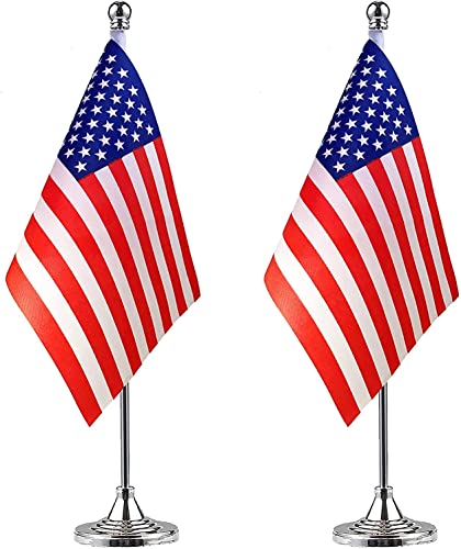 USA Flag Desk Flags 2 Pack with Stand Small Mini Table Decorations
