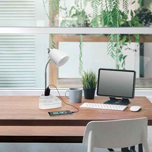 Simple Designs LD1057-WHT-LB 18.5" Gooseneck Organizer Desk Lamp with iPad Tablet Stand Book Holder and Charging Outlet, with LED Bulb, White