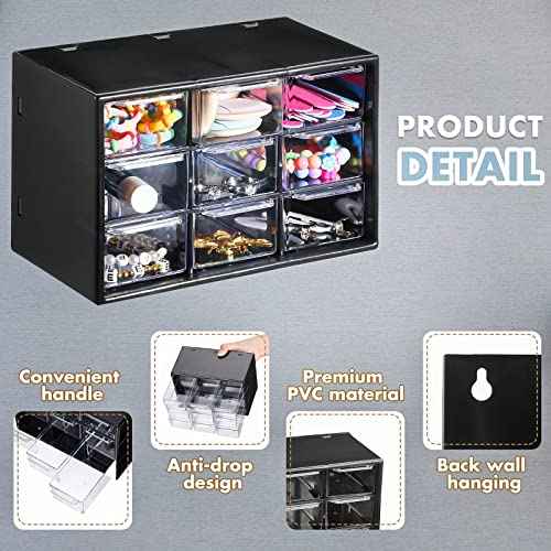 Rtteri 9 Pieces Mini Drawer Organizer Plastic Desktop Storage Box Desk Craft Organizer with 9 Clear Drawers for Office Home Jewelry Small Parts Belongings Cosmetics Collection, Wall Mounted (Black)
