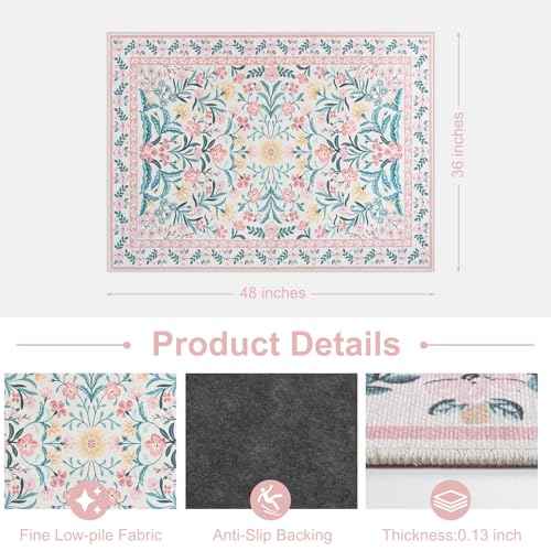 Anidaroel 36"x48" Office Chair Mat for Hardwood Floor, Boho Floral Floor Mat for Office Chair, Anti-Slip Desk Rug for Office, Low Pile Desk Chair Mats for Hardwood, Blush Pink Small Office Rug