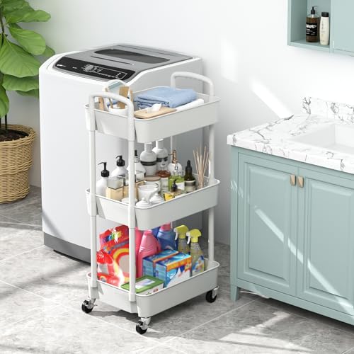 Sywhitta 3-Tier White Plastic Utility Cart with Lockable Wheels for Storage