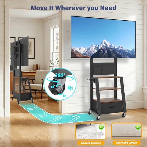 Hellsehen Retro Rolling TV Stand with Power Outlet & 4-Tier Storage, 23-60 Inch TV Cart (160lbs) - VESA 400x400, 360° Wheels