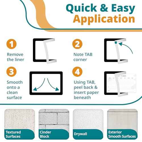 8.5 x 11 Adhesive Wall Frames - Peel & Stick Picture Frames, Wall Sign Holder, Paper Protector Sheets, Certificate Holders, Reusable Picture Frame, Dry Erase, Non Magnetic - White, Pack of 5