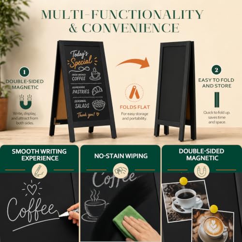 4 THOUGHT Black Double-Sided Magnetic Chalkboard 40x20 inch A-Frame Stand
