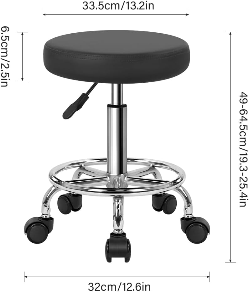 WKWKER Round Rolling Stool - Height Adjustable PU Leather 360° Swivel Chair | Grey with Footrest
