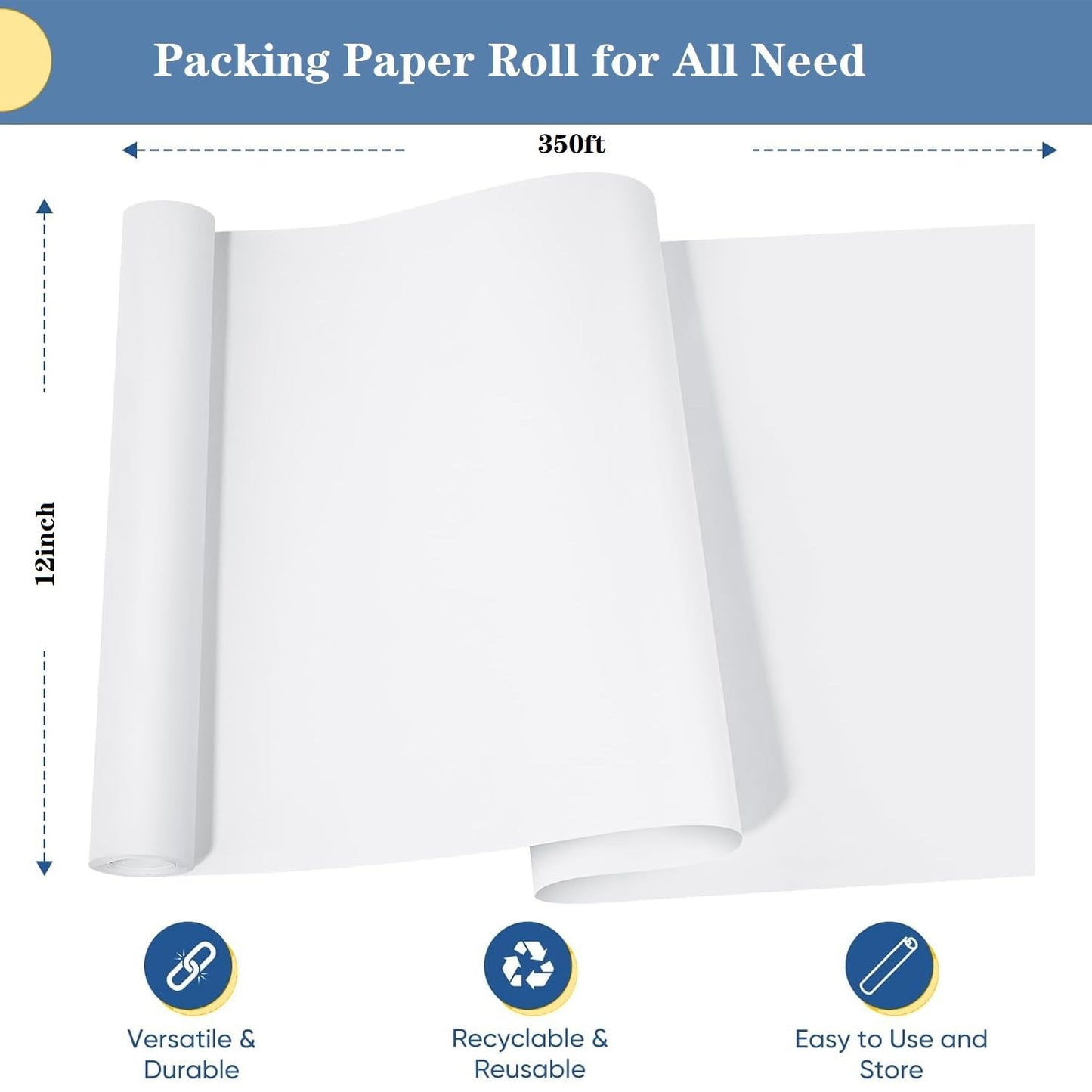 12”W x 350'L Packing Paper Roll for Moving Protecting Fragile China and Glasses, Small Wrapping Newsprint Paper Roll for Shipping and Moving Box Filler