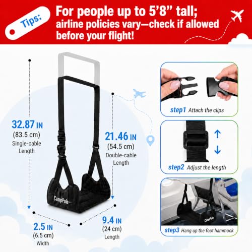 1 Pack CampPole Airplane Foot Hammock No-Collapse Foot Rest - Adjustable Travel Foot Rest